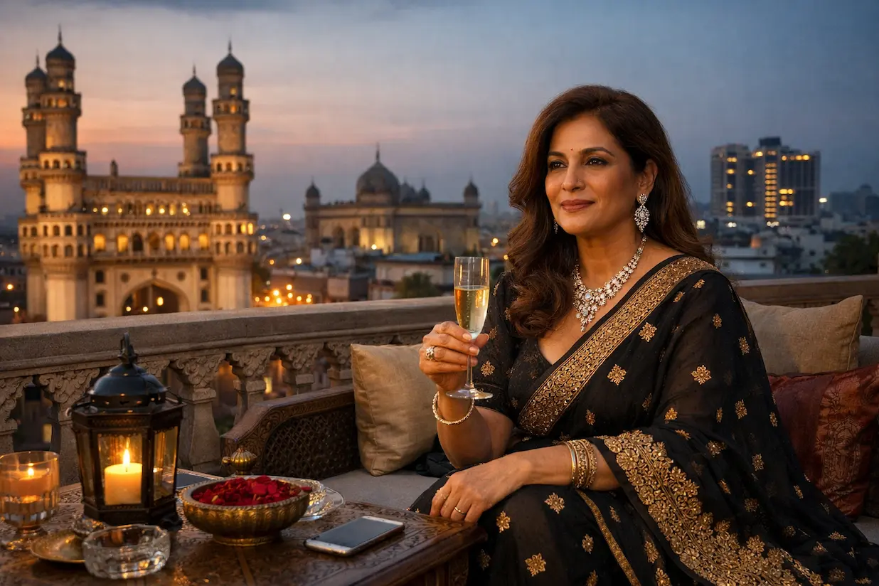 sugar momma hyderabad rooftop evening Charminar skyline elegant mature Indian woman