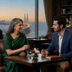 A discreet and professional meeting between an Indian sugar momma and her partner at a luxury club in Mumbai, discussing mentorship and social etiquette (2026)