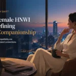 Illustration of a confident professional Indian woman on a rooftop terrace overlooking Mumbai, symbolizing private and curated social networks
